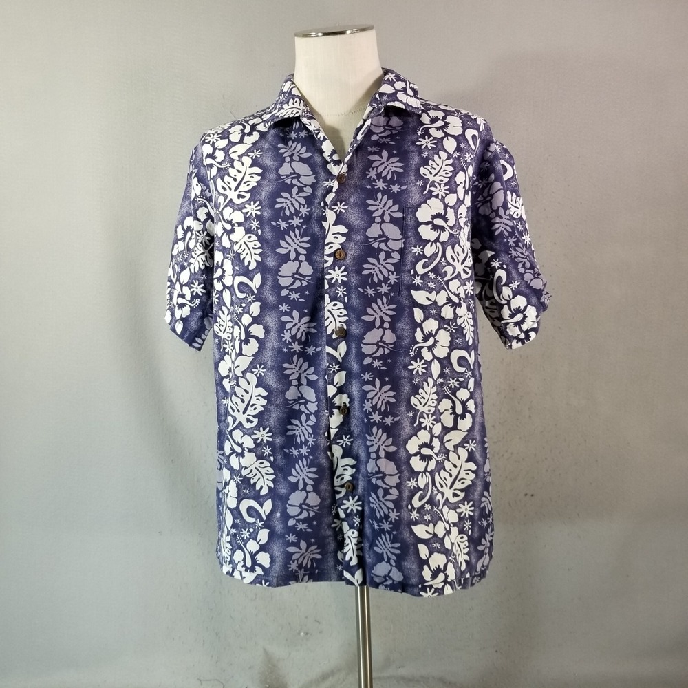 Ali's fashion Hawaiian shirt men's large blue floral short sleeve cotton vintage